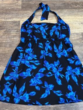 Lands' End Swim Dress Size 12 D Black Blue Floral Halter Neck Underwire